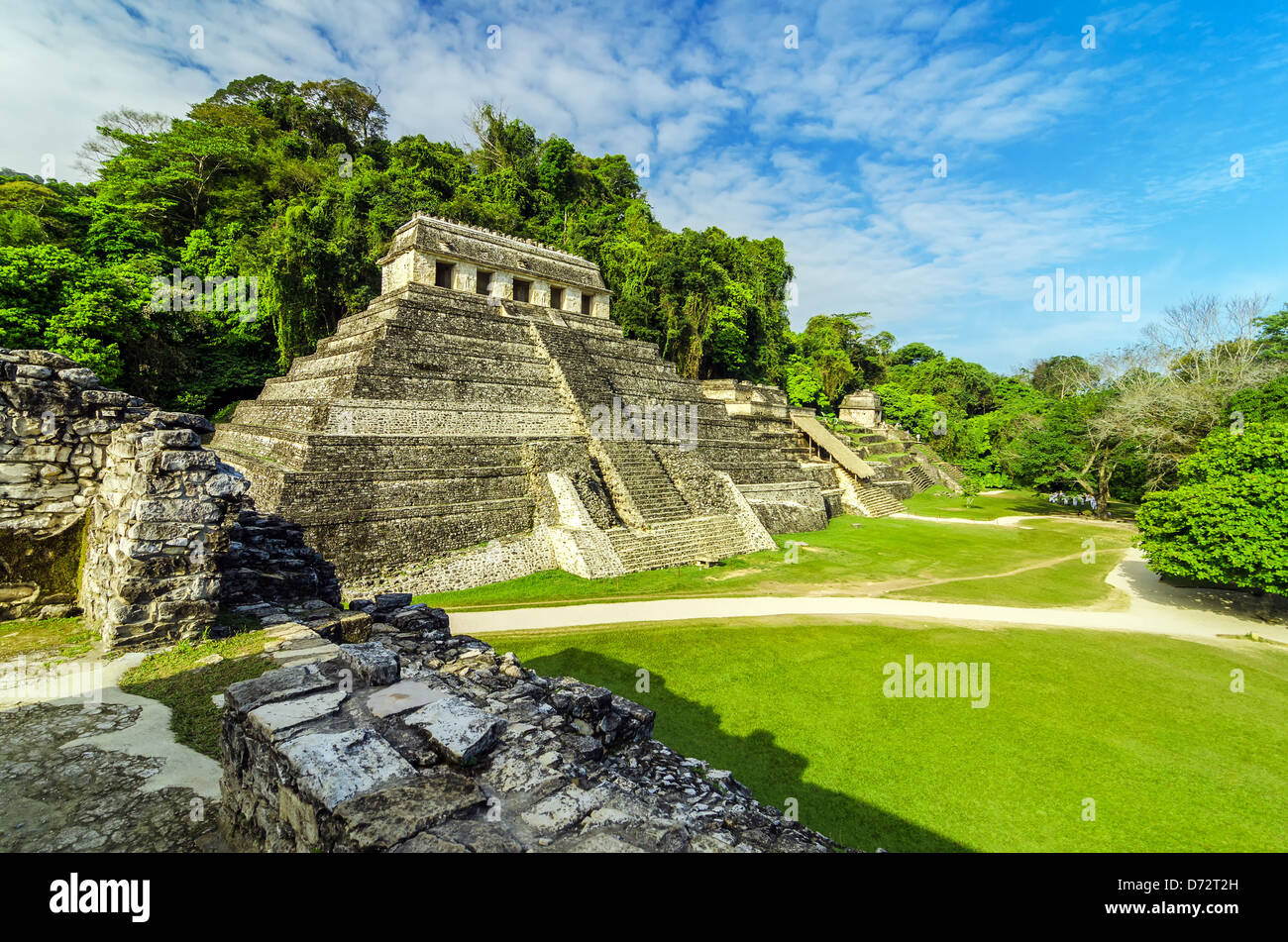 Antichi templi Maya in la rovina della città di Palenque Foto Stock