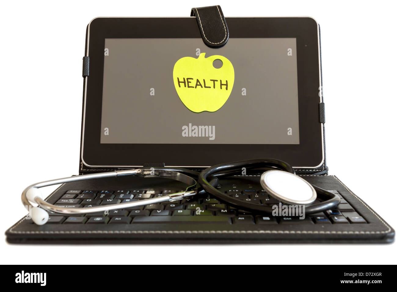 Digital tablet pc e stetoscopio, concetto di salute su sfondo bianco Foto Stock