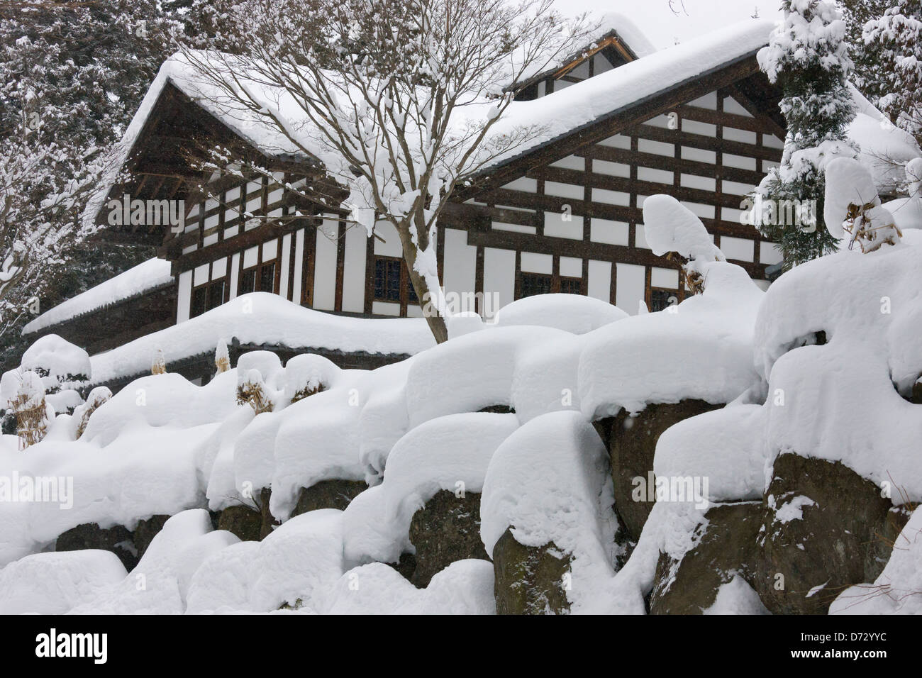 Casa Tradizionale con neve, Nagano, Giappone Foto Stock