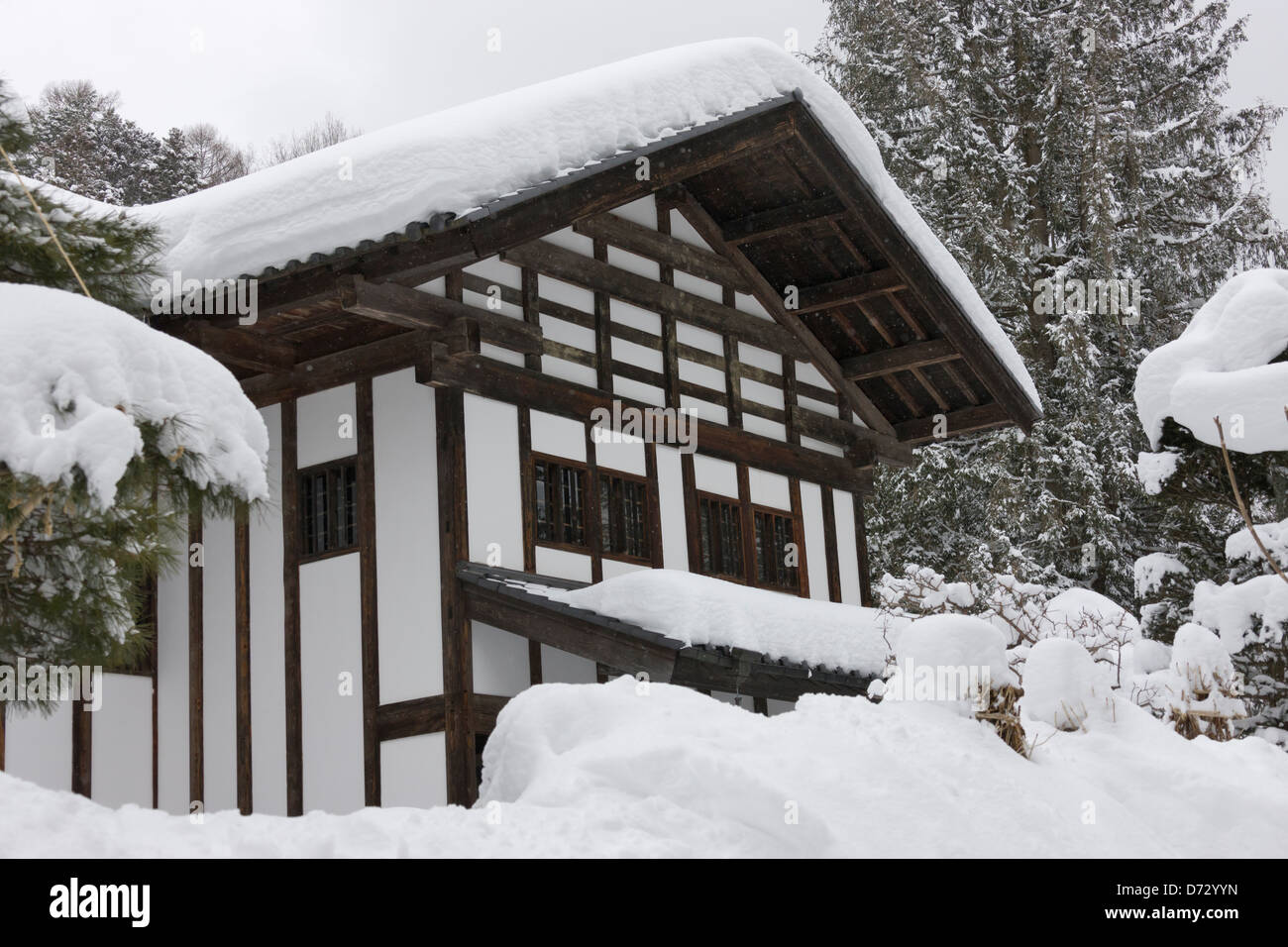 Casa Tradizionale con neve, Nagano, Giappone Foto Stock