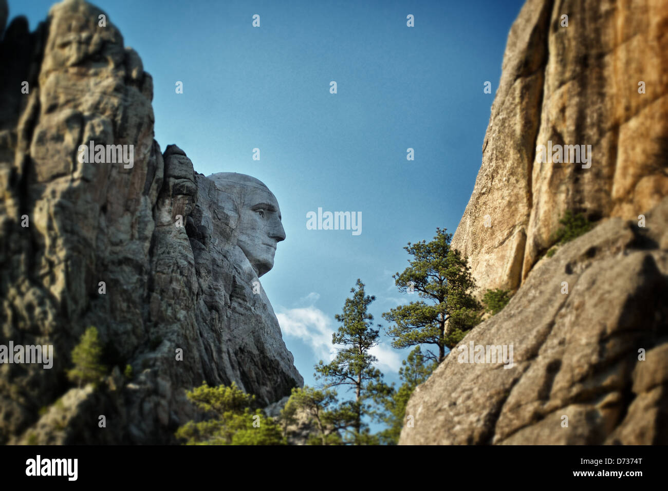 George Washington profilo risalta dal carving del Monte Rushmore. Foto Stock