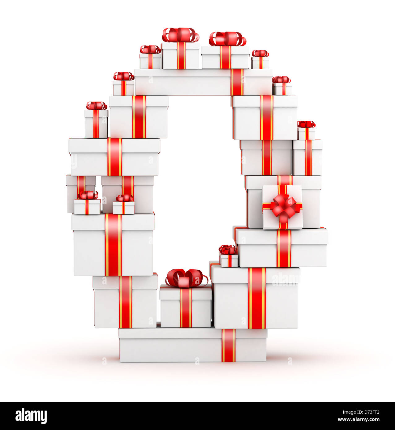 Numero 0 da scatole di doni decorate con nastri di colore rosso Foto Stock