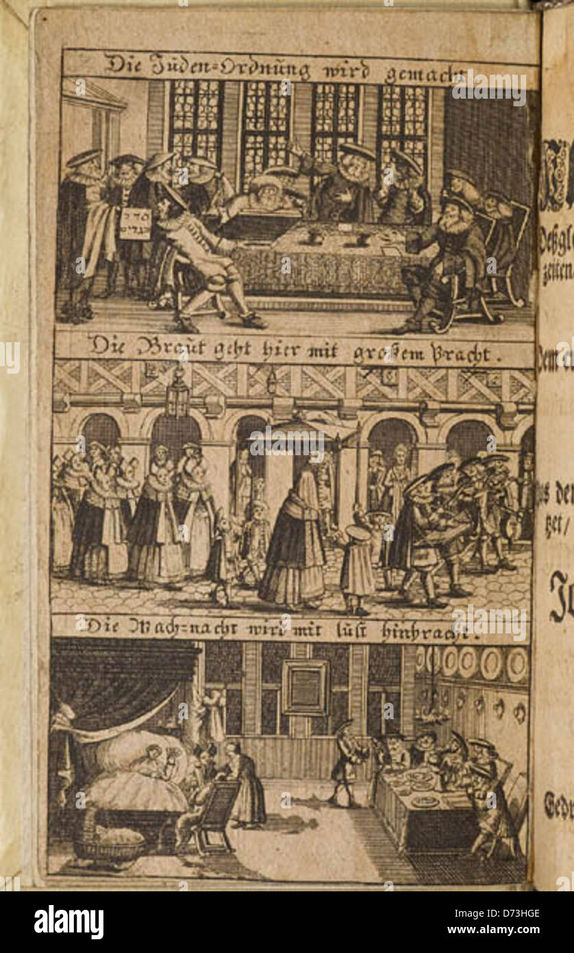 Questo volume rilegato è un riferimento storico sui regolamenti sull'abbigliamento ebraico, concentrandosi sui costumi e le tradizioni di Francoforte e Praga. Fa parte della collezione del Leo Baeck Institute. Foto Stock