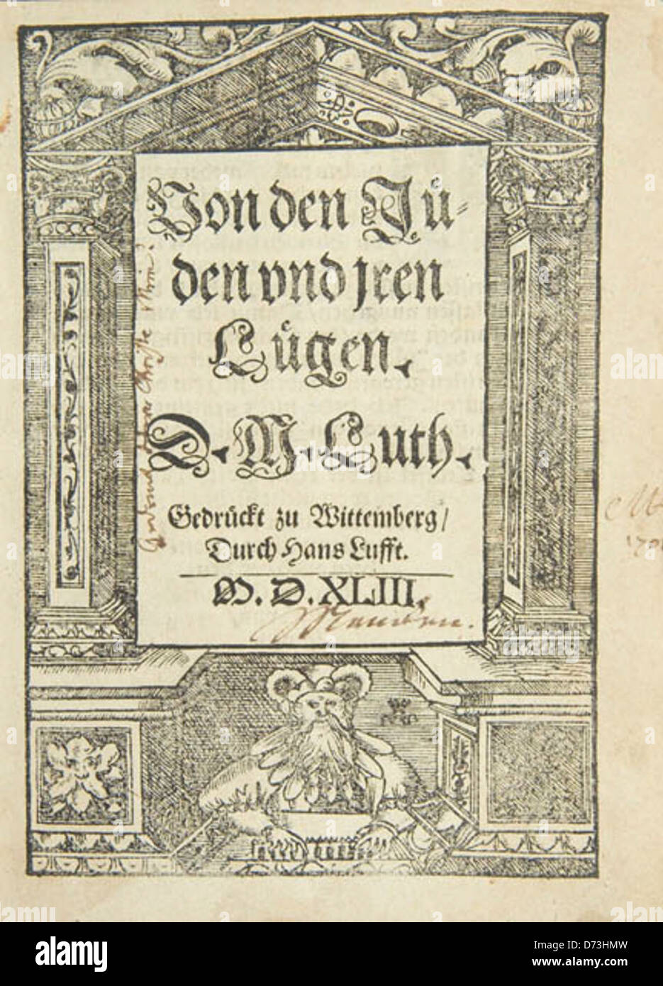 Questa immagine presenta un documento storico intitolato *Von den Jueden vnd jren Luegen* di Martin Lutero. Il lavoro discute l'antisemitismo ed è associato all'Istituto Leo Baeck, concentrandosi sul contesto storico della persecuzione ebraica in Europa. Foto Stock