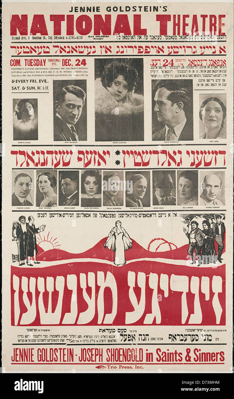 Un poster teatrale yiddish per la produzione "Saints and Sinners" al Teatro Nazionale di Jennie Goldstein a New York. Il poster mostra la vibrante scena culturale del teatro yiddish durante i primi anni del XX secolo. Foto Stock