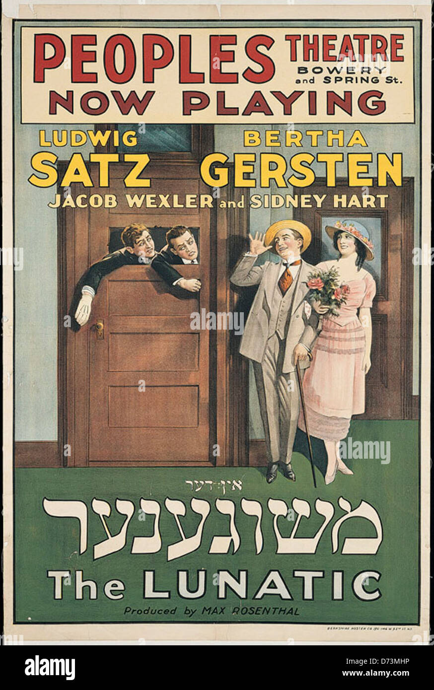 Un poster teatrale yiddish del Lunatic, eseguito al People's Theatre di New York City, presenta Ludwig Satz e Bertha Gersten. Questo oggetto, conservato dall'American Jewish Historical Society, mette in evidenza il significato culturale del teatro yiddish e i contributi degli attori al genere. Foto Stock
