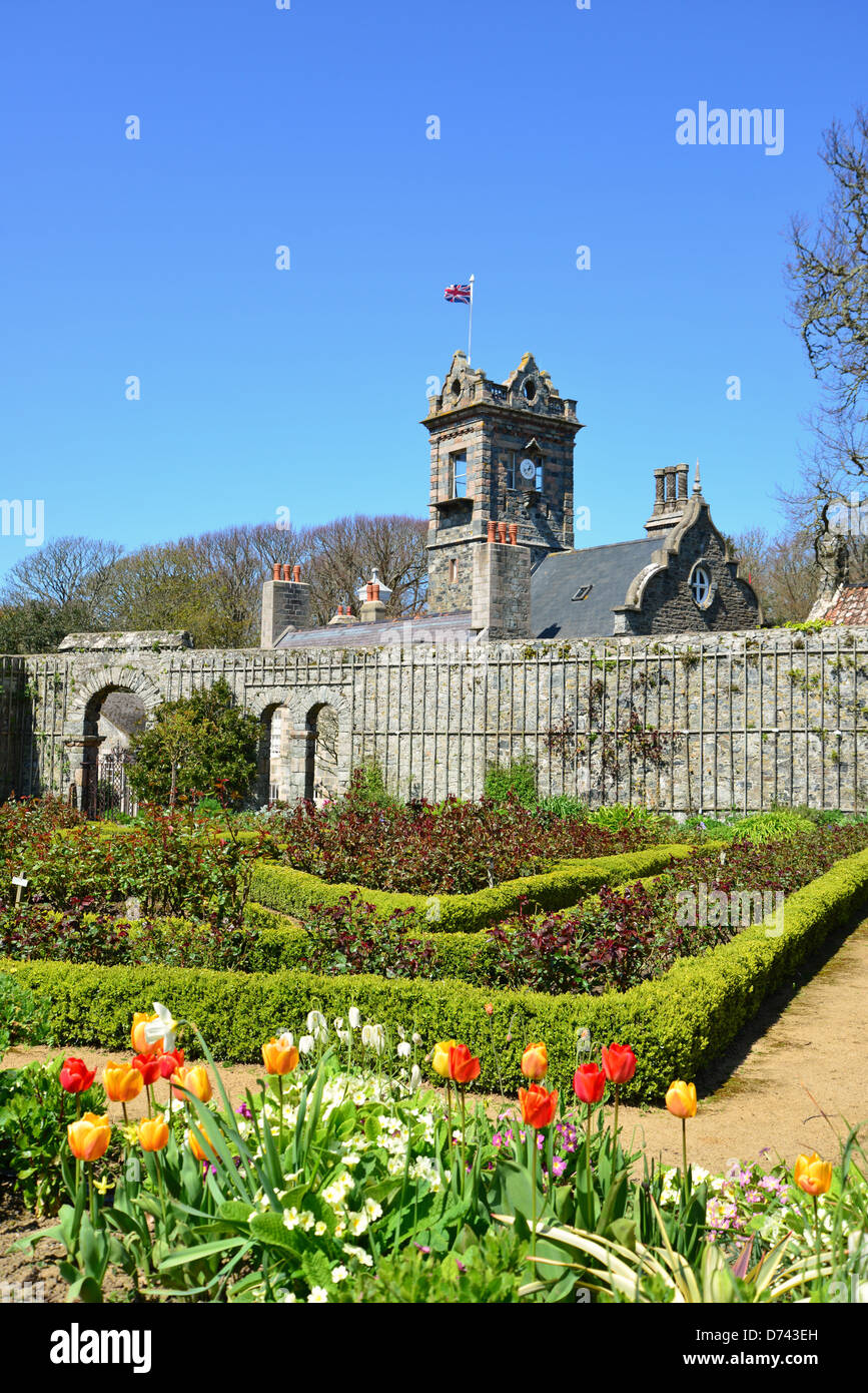 Xvii secolo manor dal giardino murato, La Seigneurie giardini, maggiore Sark, Sark, il Baliato di Guernsey, Isole del Canale Foto Stock