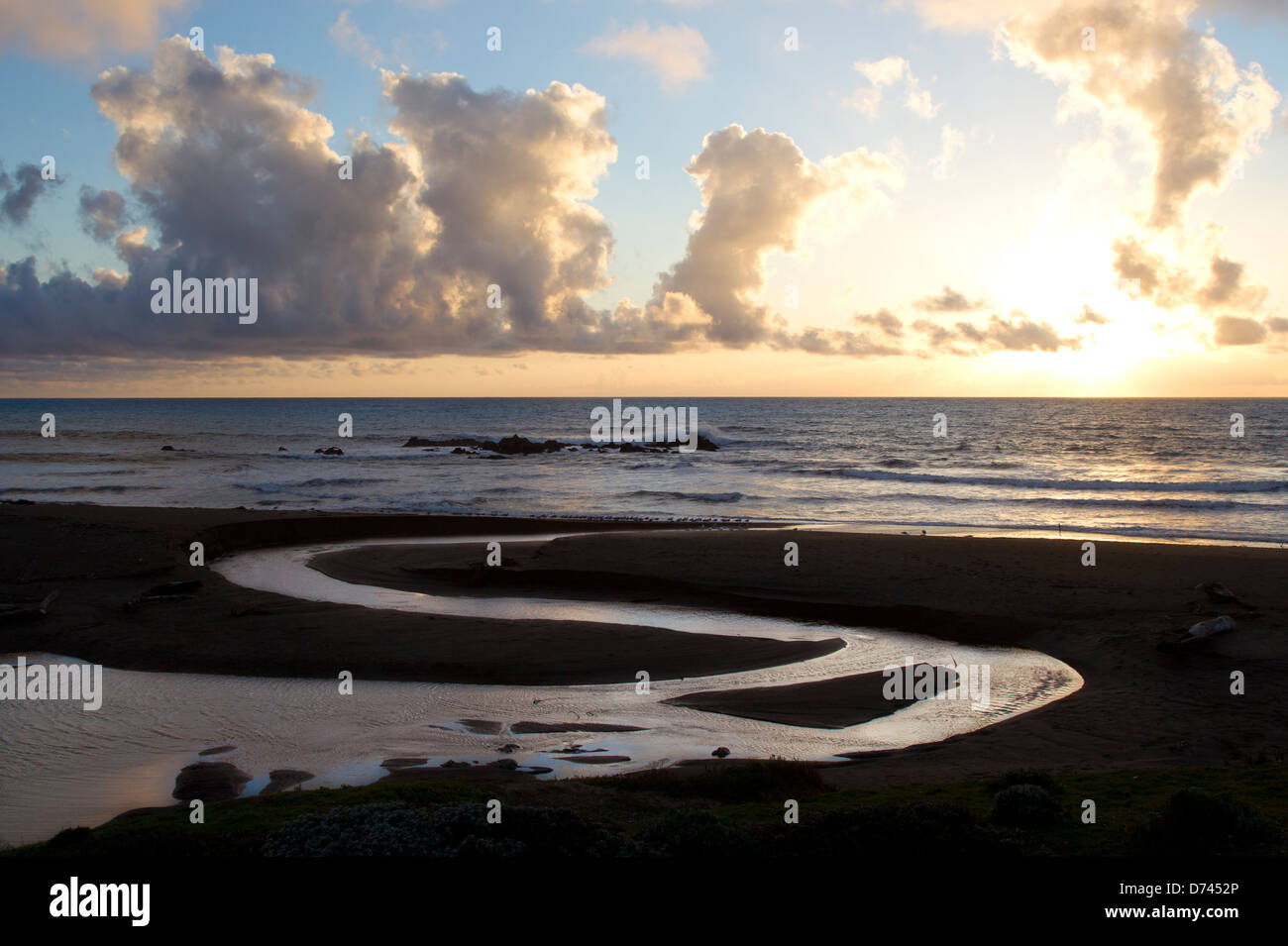 Il Santa Rosa Creek si snoda nell'Oceano Pacifico a Moonstone Beach, California Foto Stock