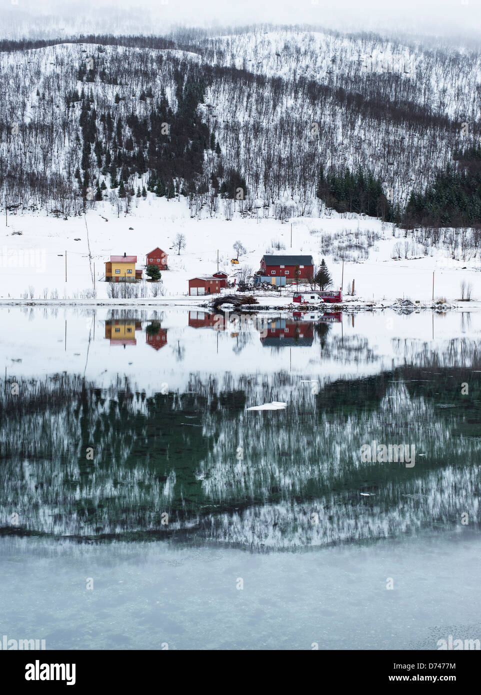 Riflessioni di case in perfettamente ancora acqua di una baia in Norvegia Foto Stock