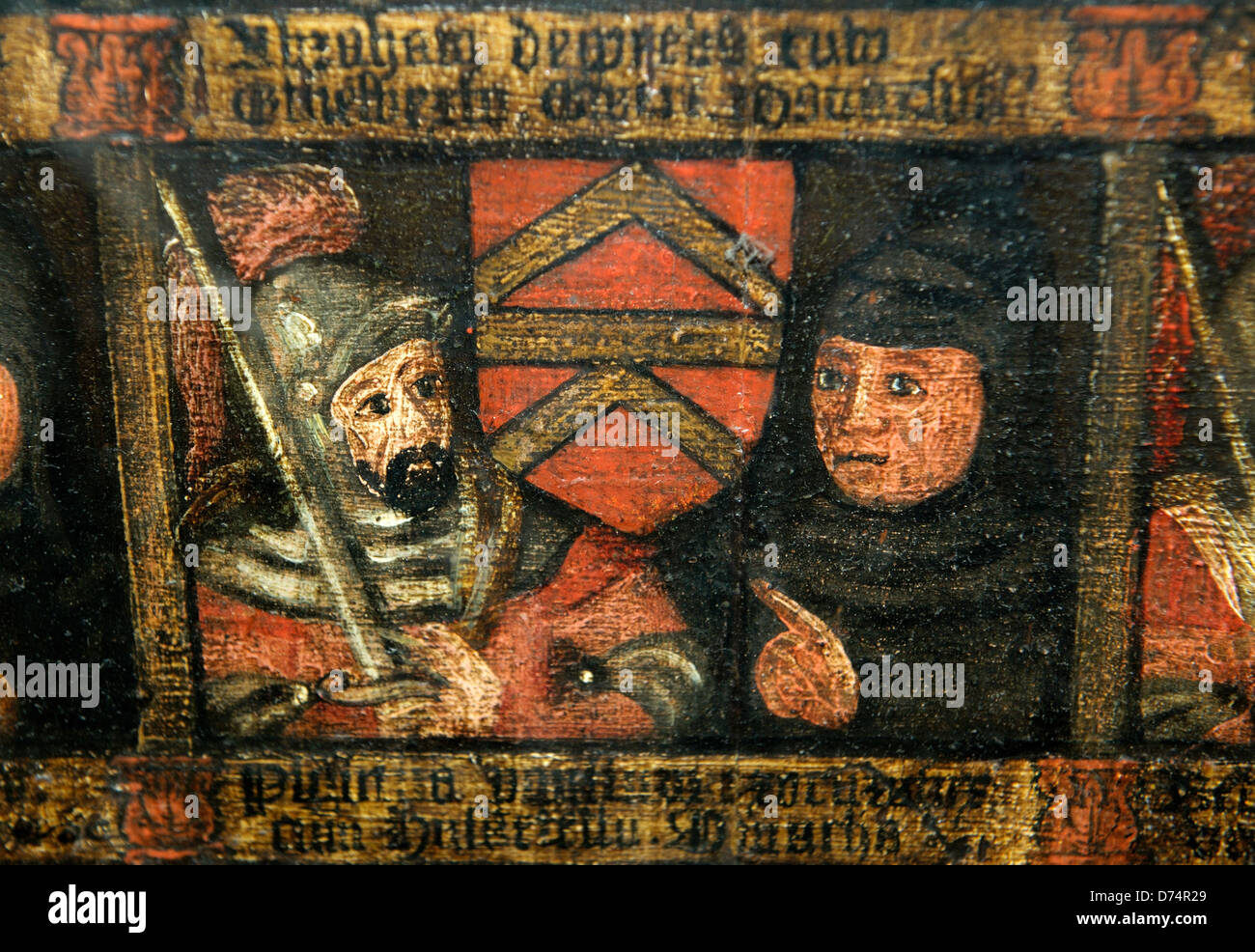 Dettaglio della Tabula Eliensis nella Cattedrale di Ely. Mostra monaco con il cavaliere normanno dopo la sconfitta di Hereward scia Foto Stock