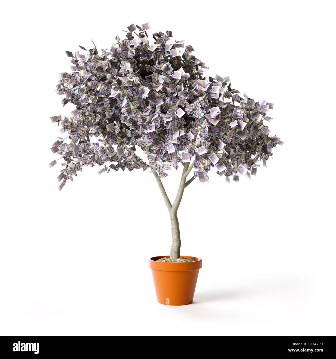 Money Tree di 20 £ note - crescita finanziaria/concetto di risparmio - tagliare fuori di sfondo bianco Foto Stock