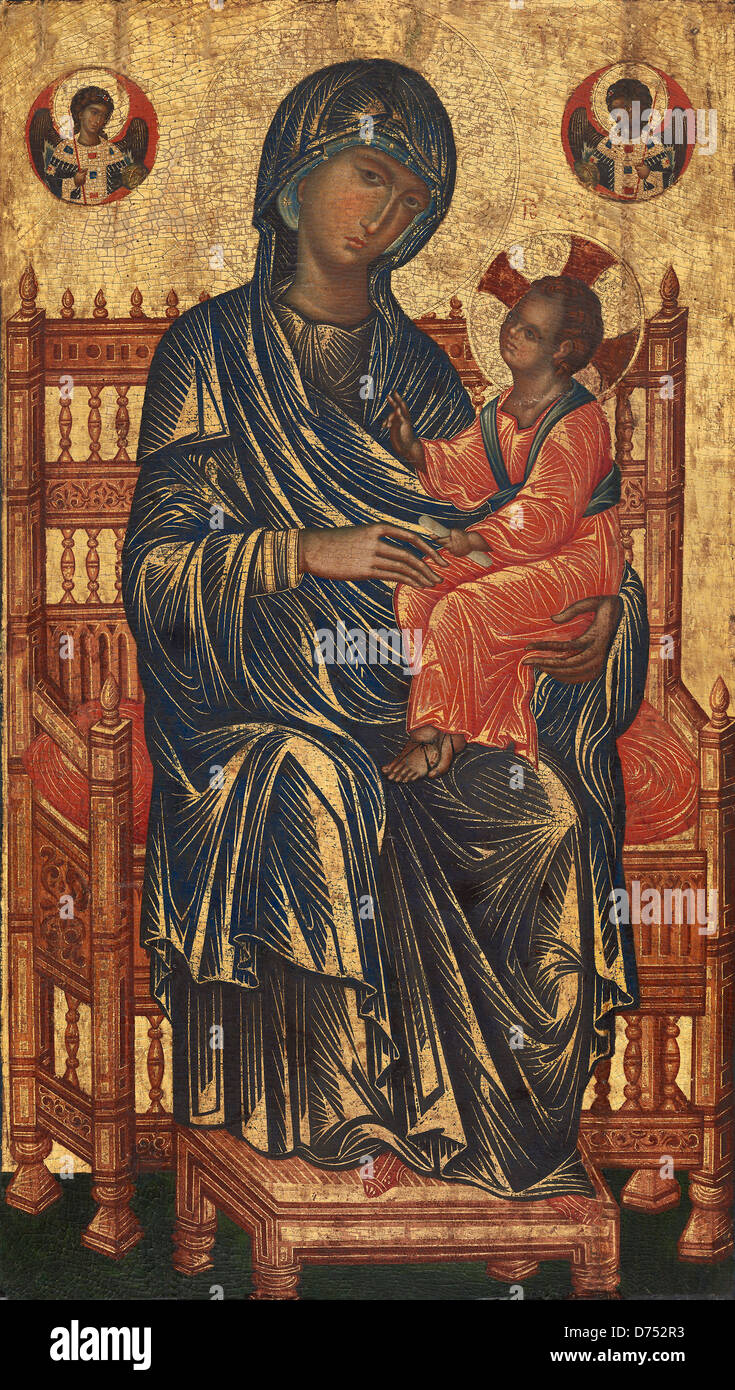 Bizantino del XIII secolo, la Madonna in trono con Bambino, del XIII secolo, tempera su pannello Foto Stock