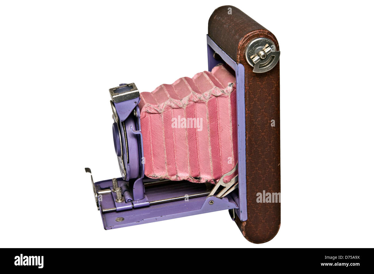 Vista laterale di un antico fotocamera tascabile, viola con soffietto di colore rosa. Foto Stock