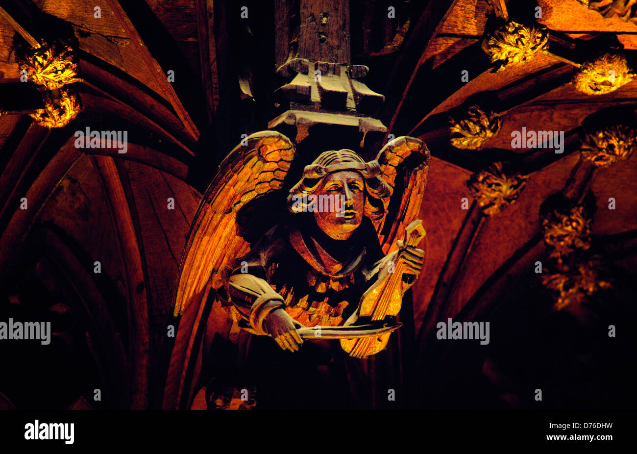 Chester Cathedral, Cheshire, Inghilterra. Legno intagliato in dettaglio gli stalli del coro. Angelo giocando vioi Foto Stock