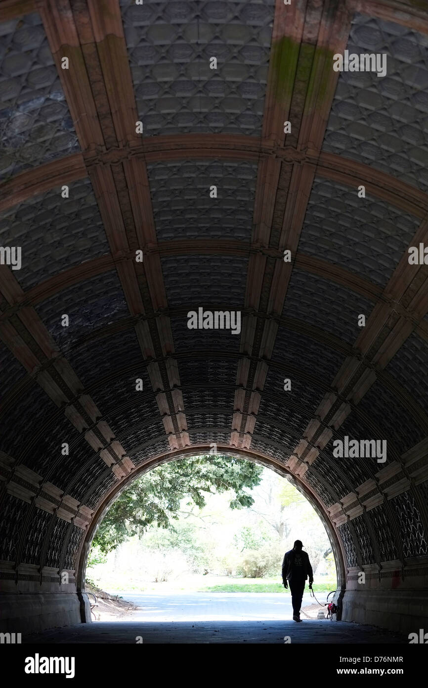 Un uomo cammina il suo cane attraverso un tunnel nel Prospect Park di Brooklyn, New York. Foto Stock