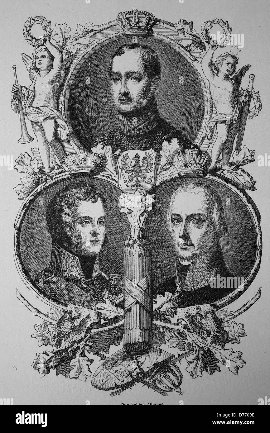 La Santa Alleanza di 26.09.1815: l'imperatore Alessandro di Russia, il re Federico Guglielmo di Prussia, Imperatore Francesco I d'Austria, woo Foto Stock