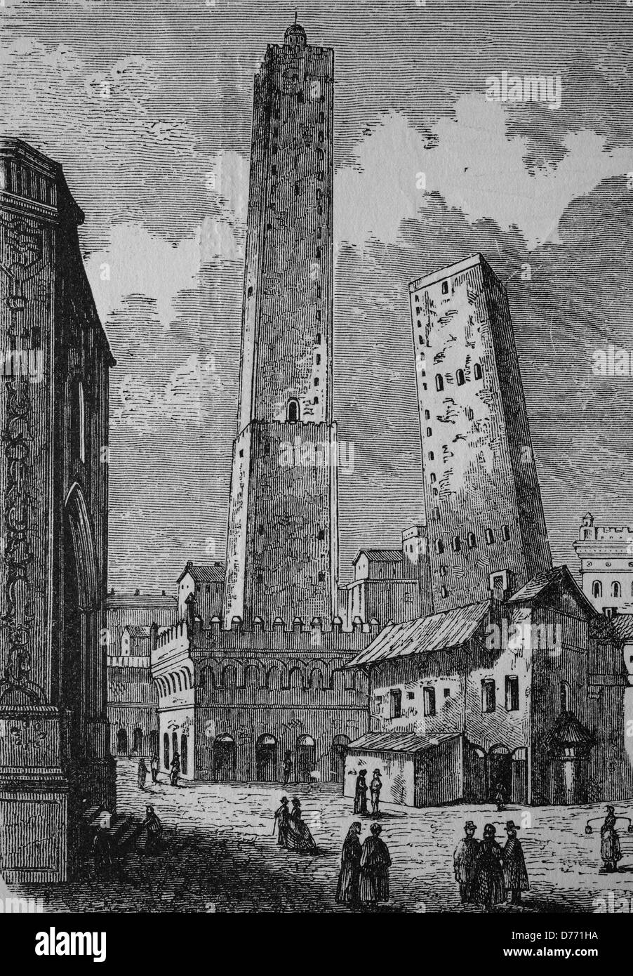 La inclinazione torri di Bologna, Italia, storico xilografia, circa 1870 Foto Stock