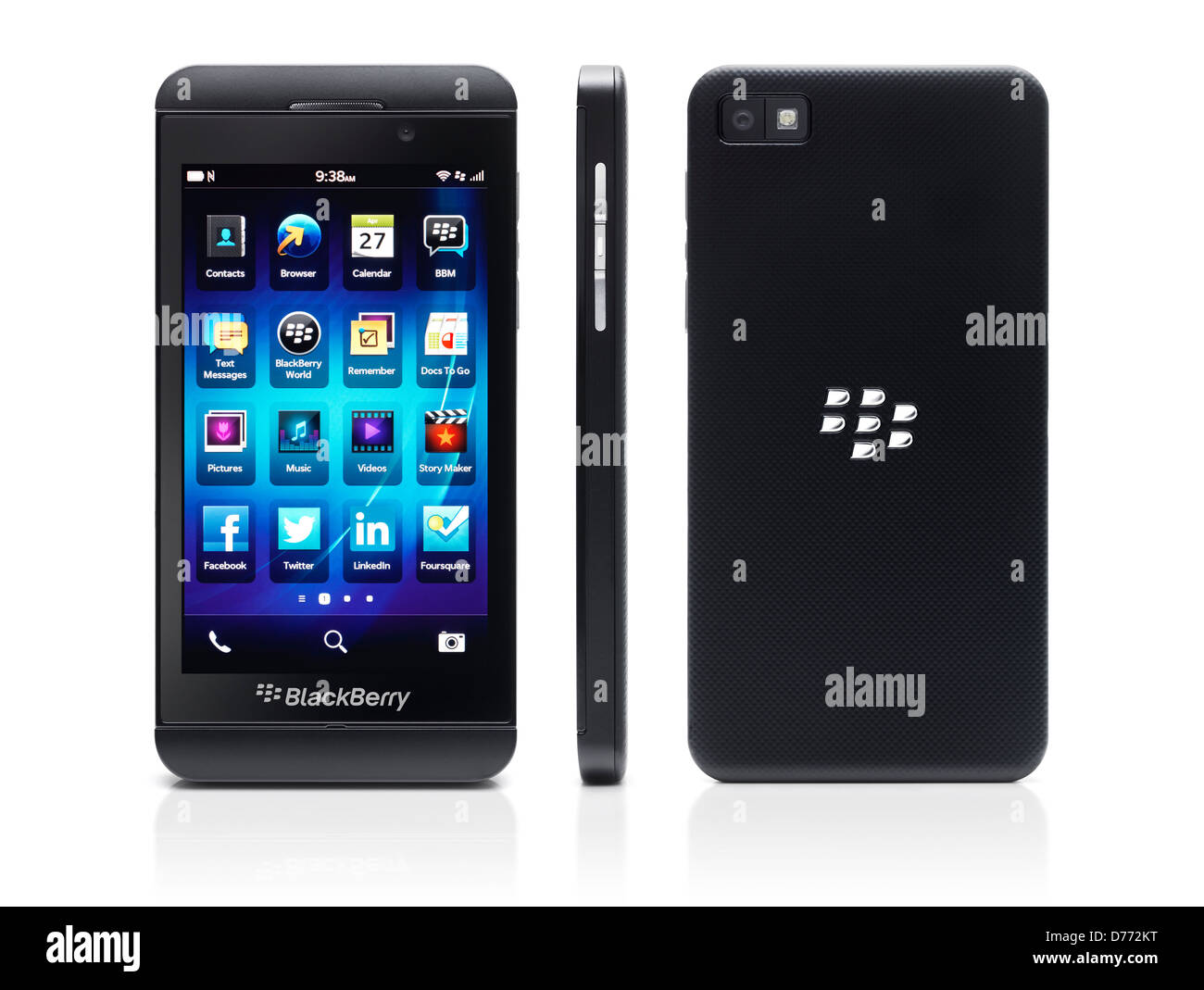 Blackberry Z10 smartphone tre viste frontale, posteriore e laterale. Telefono nero isolato su sfondo bianco Foto Stock