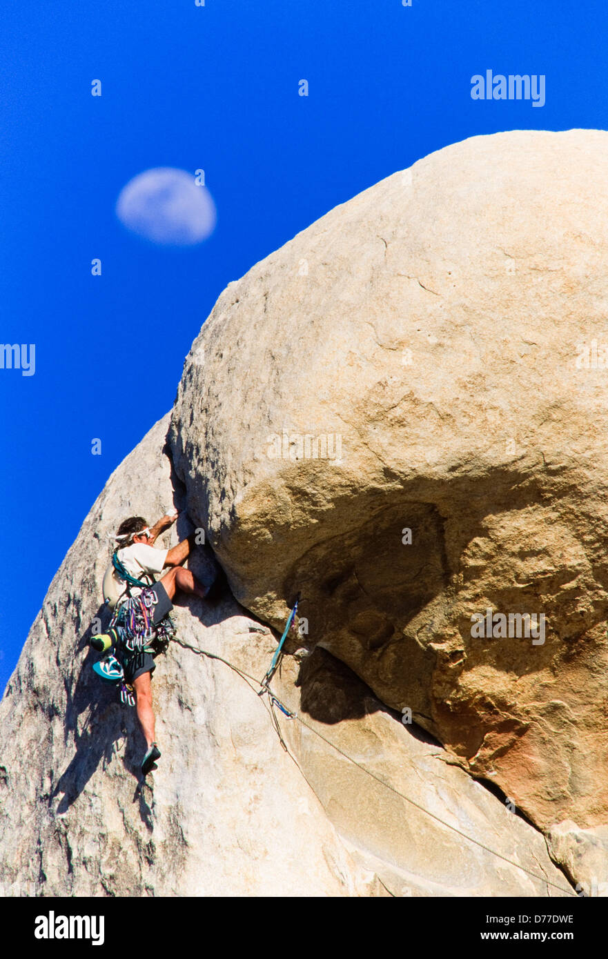 Arrampicata su roccia, rapelling, con scogliera e luna piena visibile, Johsua Tree National Park, California Foto Stock