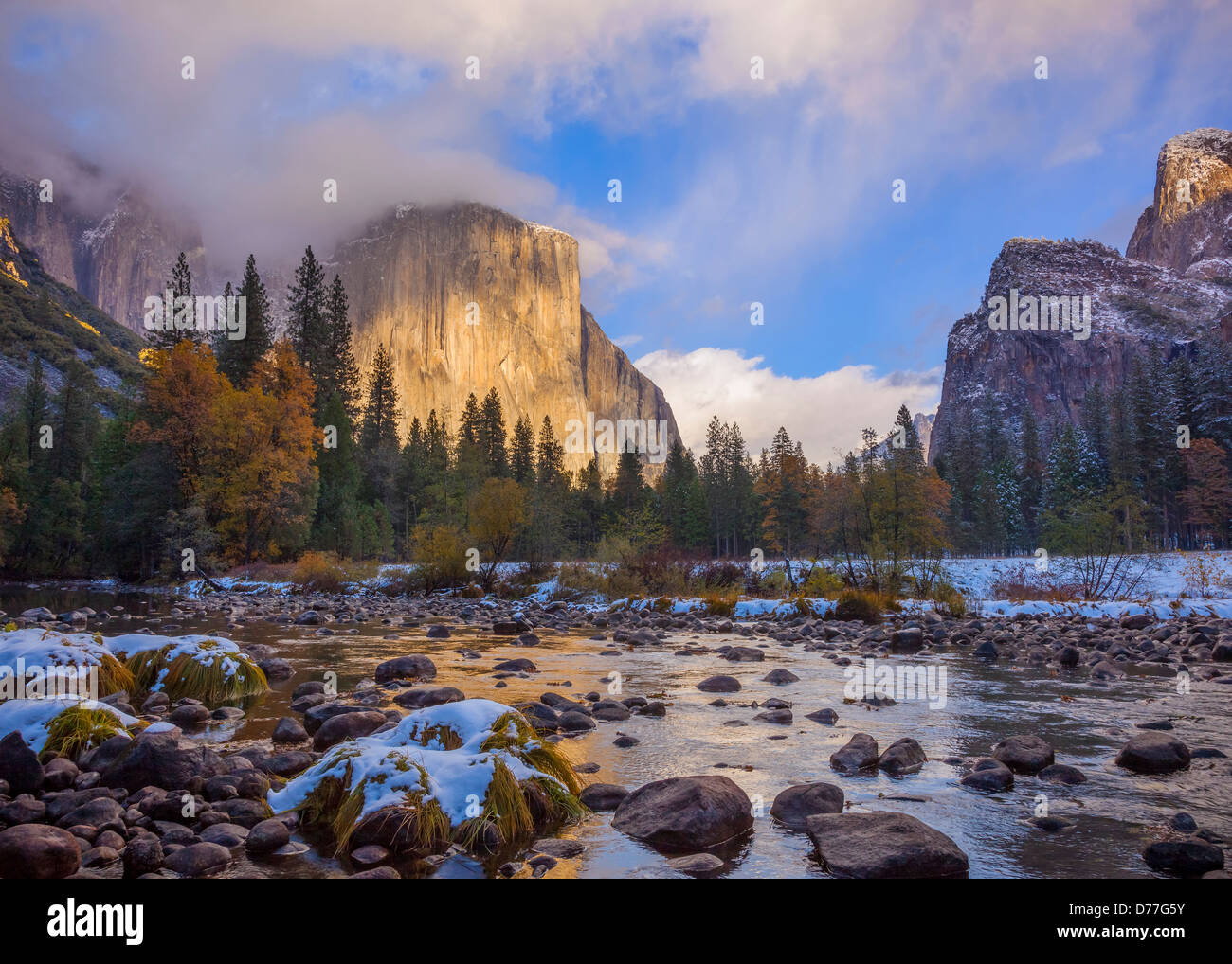 Parco Nazionale di Yosemite, CA: Cancellazione tempesta di neve al tramonto si illumina El Capitan (7042 ft) e il fiume Merced in autunno Foto Stock