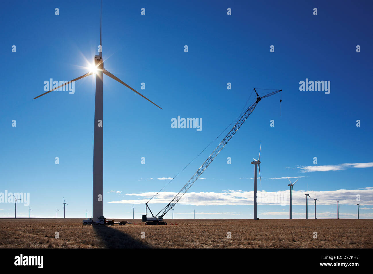 Stati Uniti Colorado Pawnee prateria nazionale della turbina eolica gru di manutenzione Foto Stock