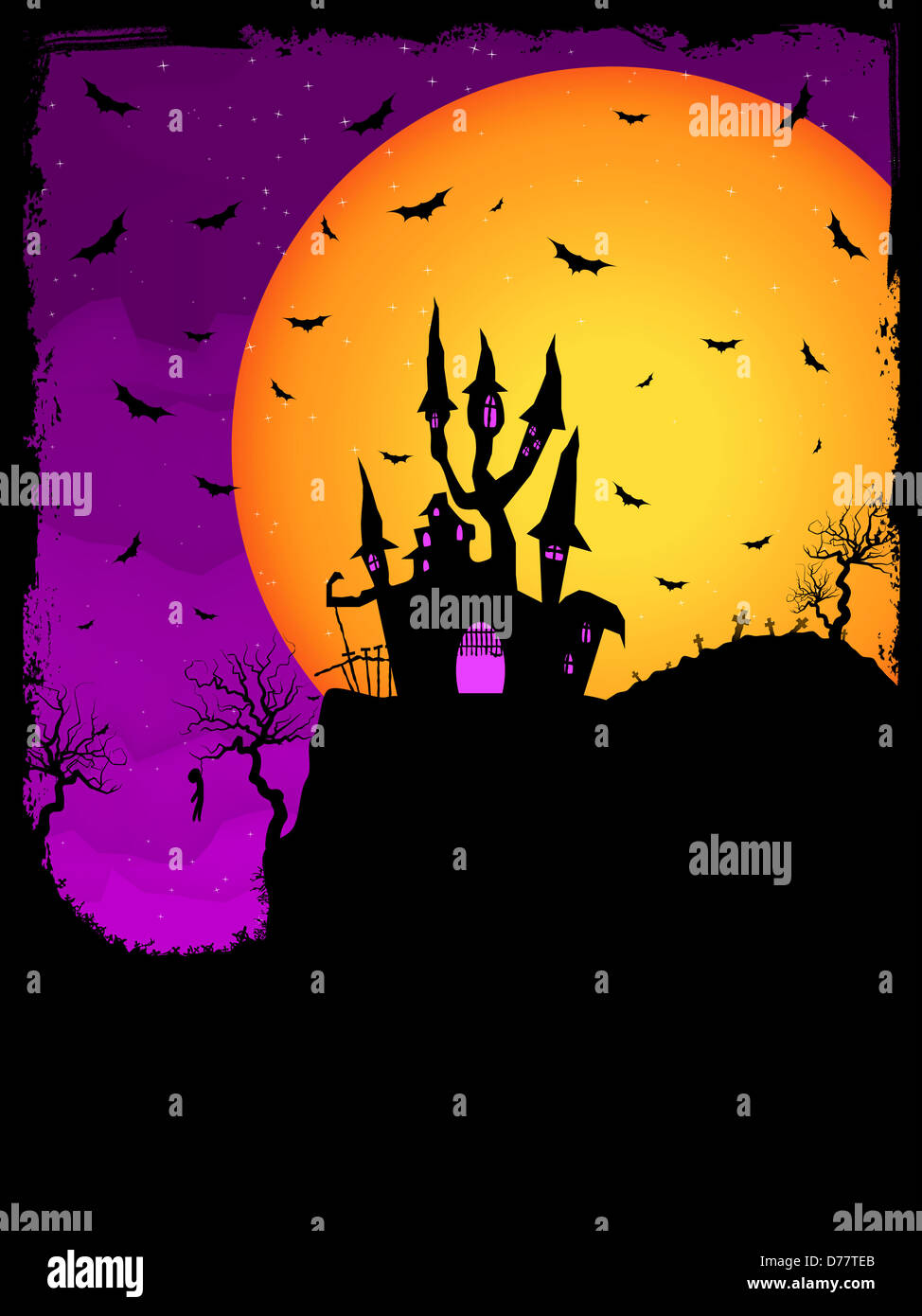 Haunted House su un cimitero collina di notte con la luna piena. Foto Stock