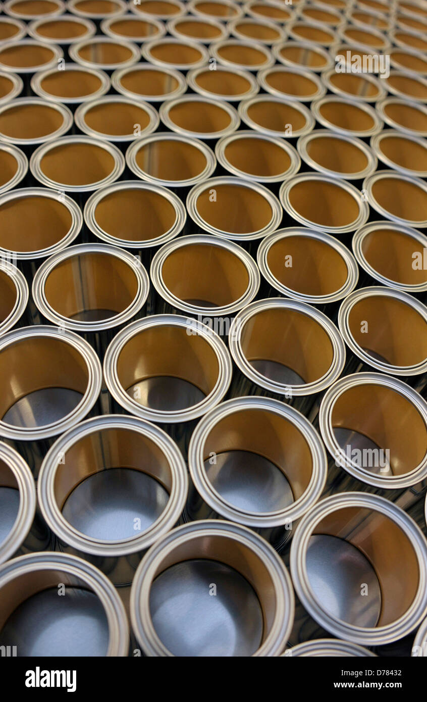 Vuoto lattine in acciaio su una fabbrica di linea di produzione. Foto Stock