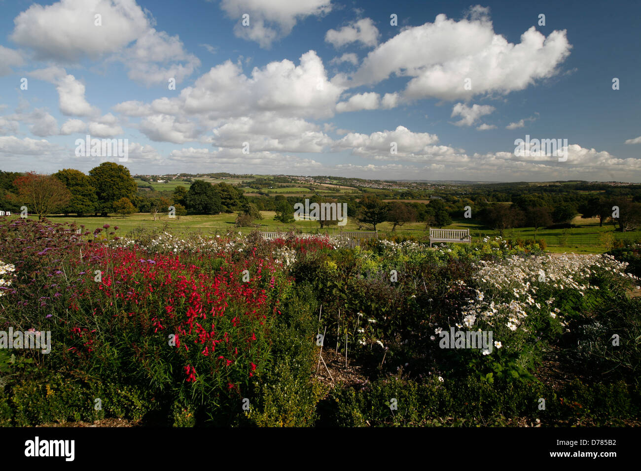 Giardini con una vista sul castello di Wentworth , Yorkshire Foto Stock