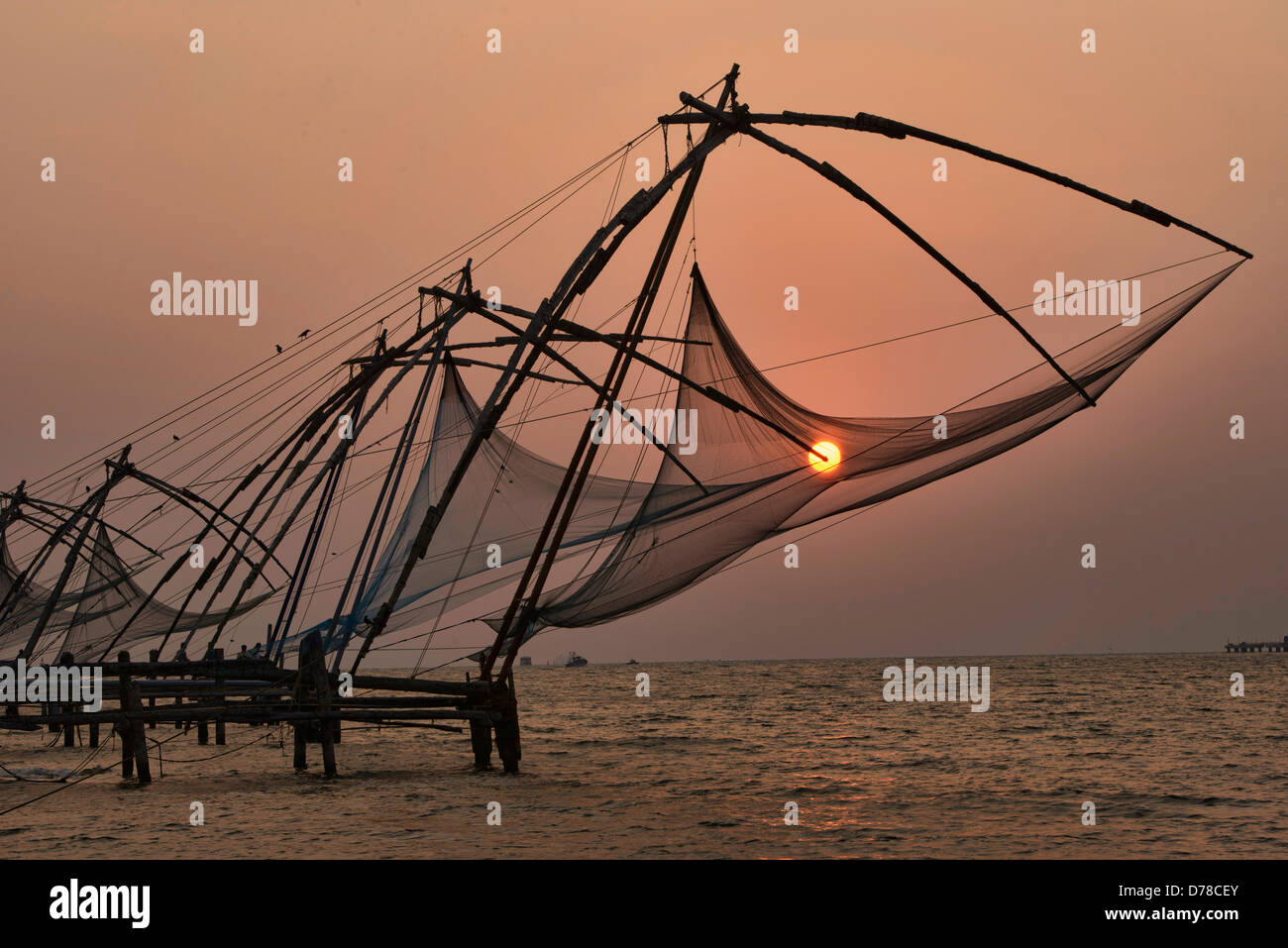 Cinese di reti da pesca al tramonto a Fort Cochin (Kochi) in Kerala, India Foto Stock