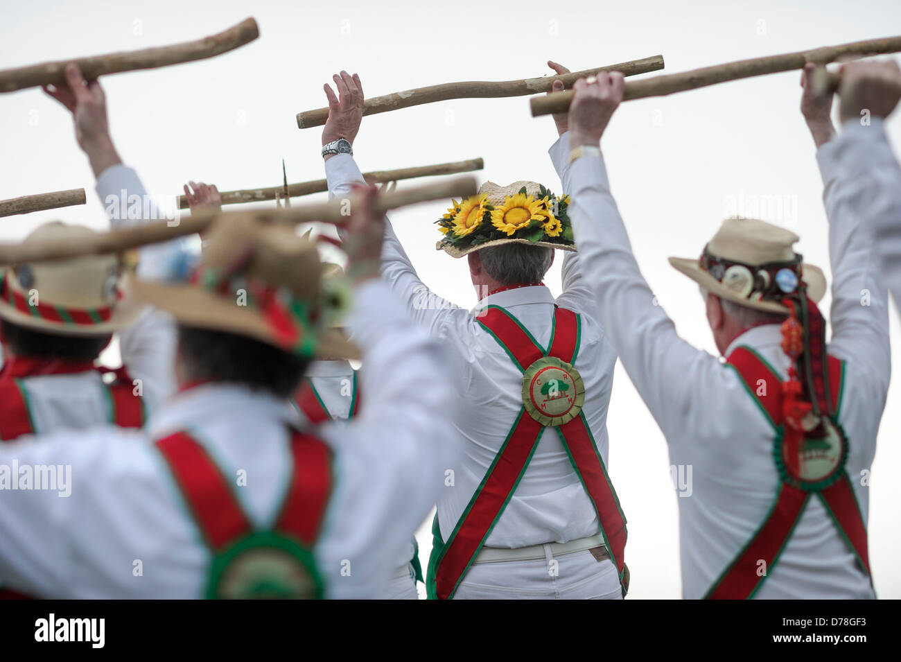 L'anello Chanctonbury Morris uomini benvenuti nella primavera del 1 maggio 2013 sulla cima di un freddo Chanctonbury Hill sulla Sussex South Downs REGNO UNITO Foto Stock