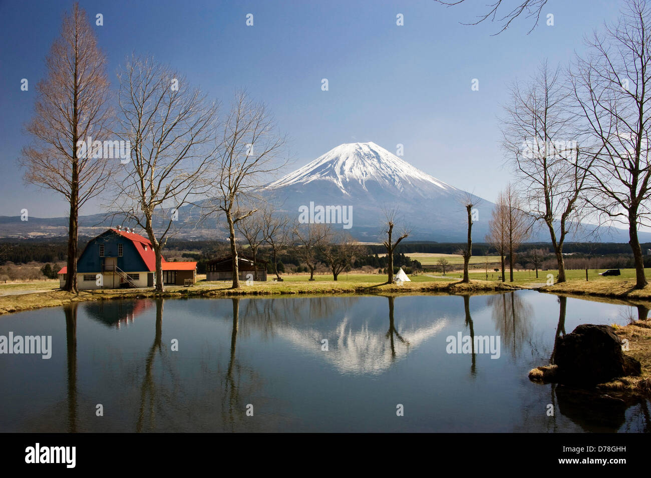 Filepics: il Monte Fuji, Giappone. Mt Fuji fa da sfondo a un campeggio vicino Fumoto lungo un cammino che porta il trekking attraverso le parti di ricambio dell'altopiano Asagiri nella Prefettura di Shizuoka Giappone il 22 marzo 2013. Secondo il governo giapponese Giappone iconici Mt. è stata consigliata per la registrazione come sito del Patrimonio mondiale da un advisory panel per l'UNESCO. Fotografo: Robert Gilhooly/Alamy Live News Foto Stock