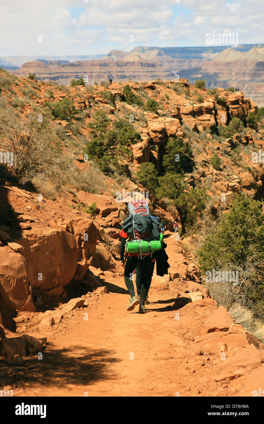 Molto carico escursionisti sulla Kaibab Trail nel Grand Canyon in Arizona, Stati Uniti d'America Foto Stock