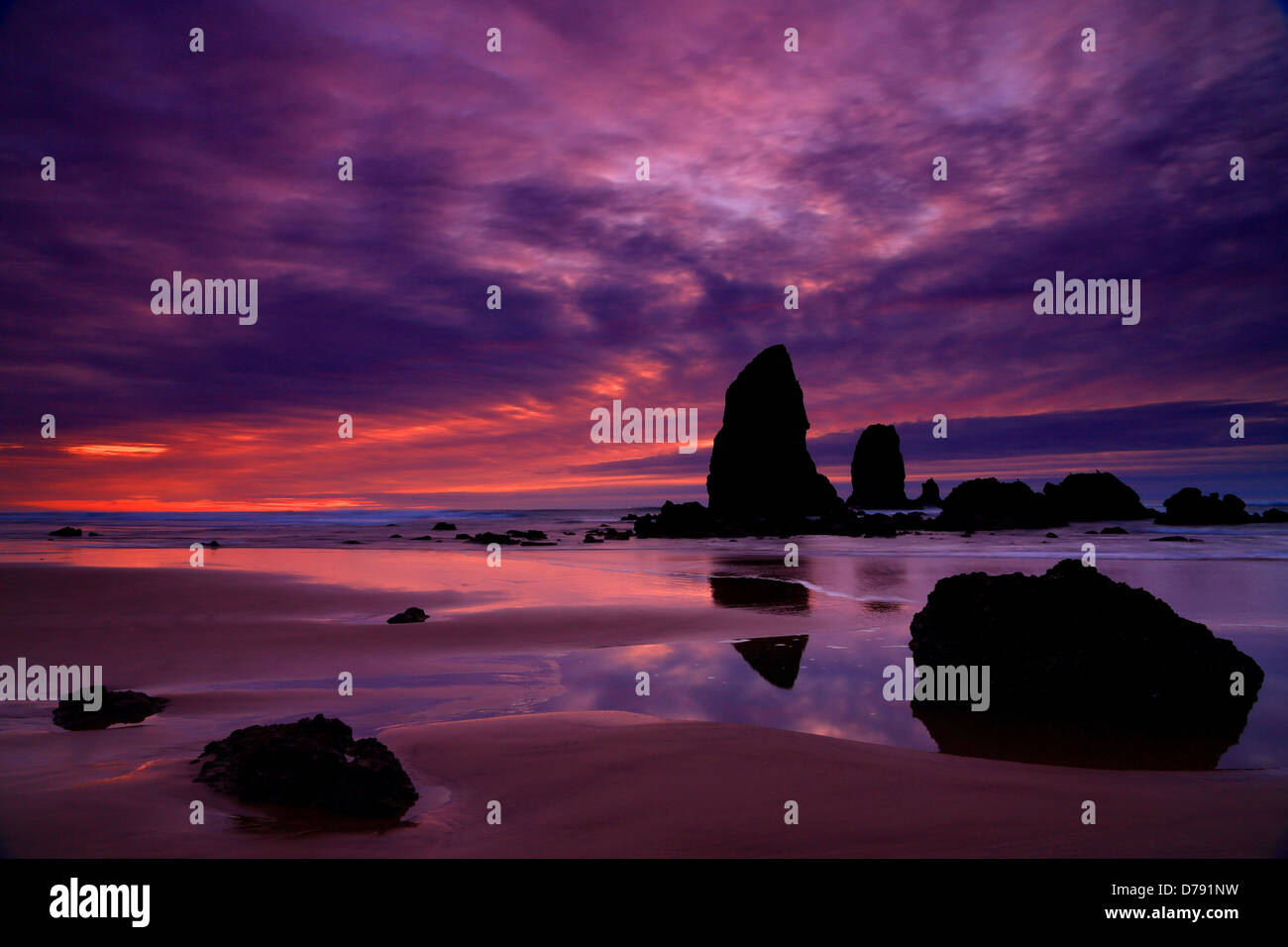 USA Oregon Cannon Beach Vista tramonto di post-incandescenza al di sopra degli aghi rock formazione Foto Stock