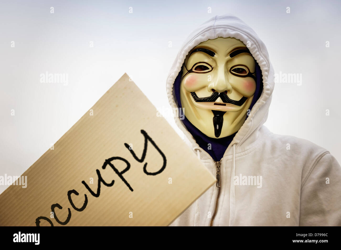 Uomo con occupano la maschera e segno di protesta, proteste contro il potere delle banche , Mann mit Occupy-Maske und Protest-Schild, Prote Foto Stock