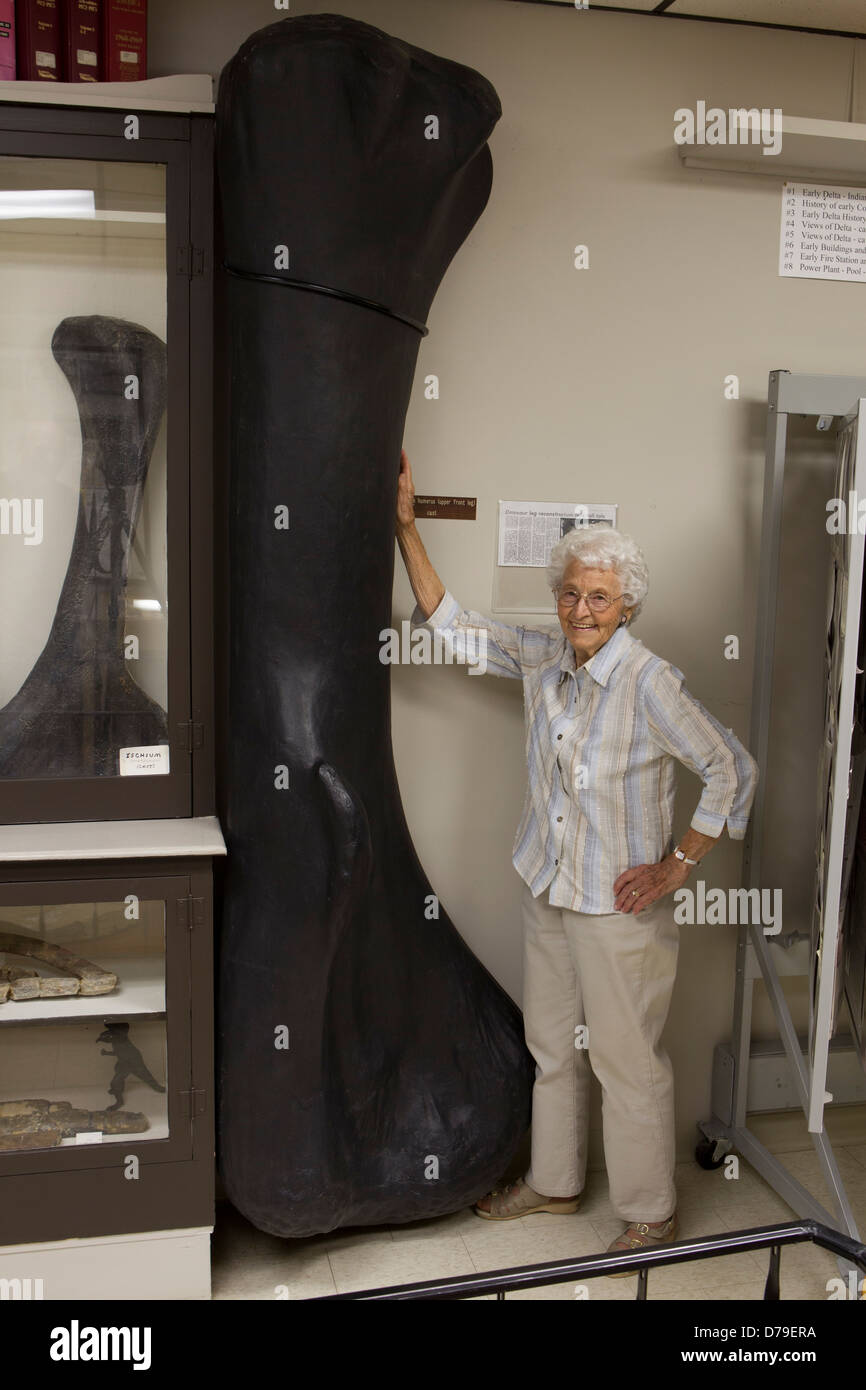 Bernice Musser sorge da un cast di un dinosauro gigante omero. Delta County Historical Museum, Delta, CO. Foto Stock