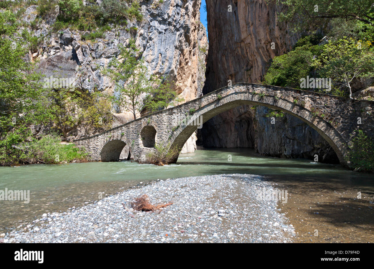Portitsa gorge e il vecchio ponte in pietra a Epiro, Grecia Foto Stock
