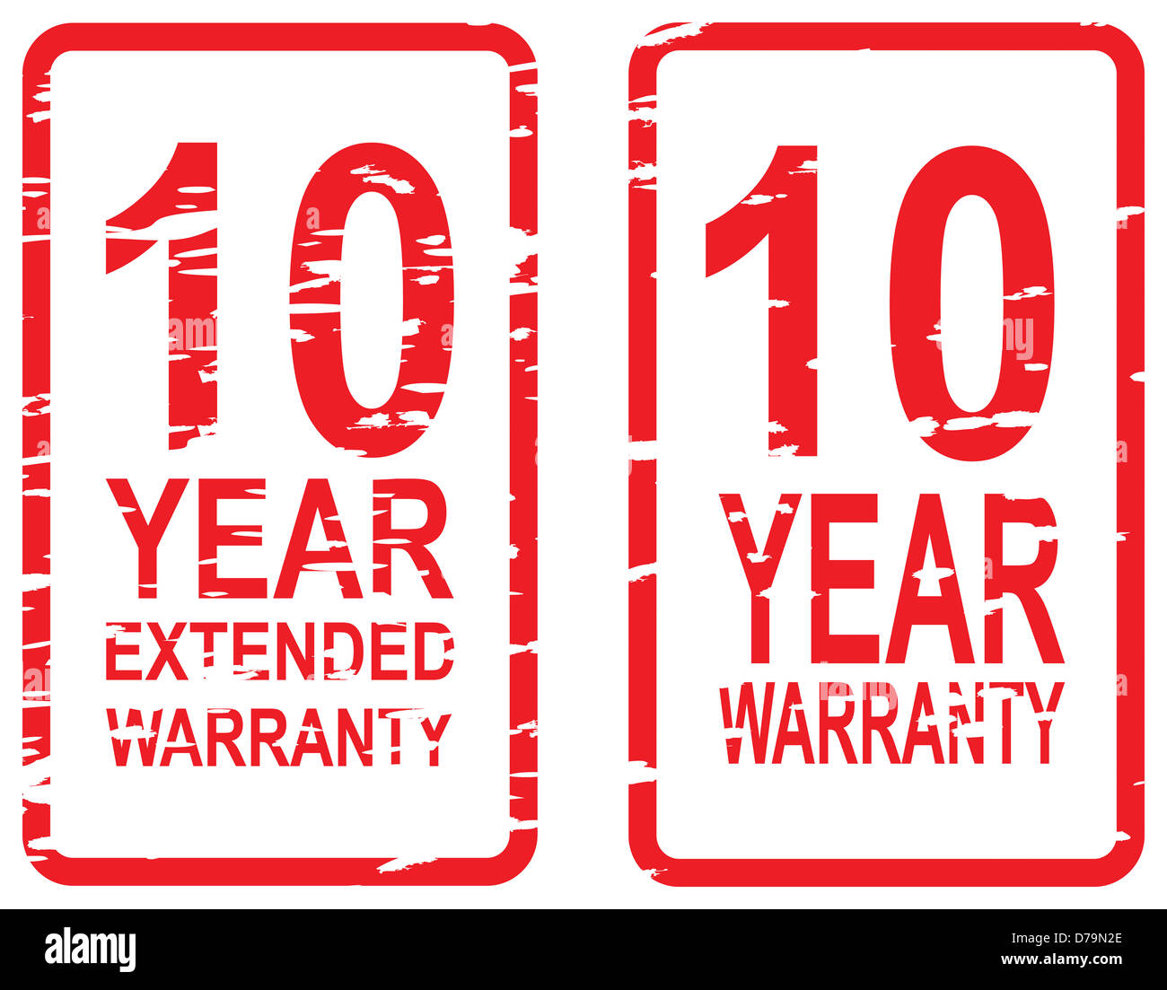 In gomma rossa vettore di timbro per dieci anni di garanzia e garanzia estesa per il concetto di business Foto Stock