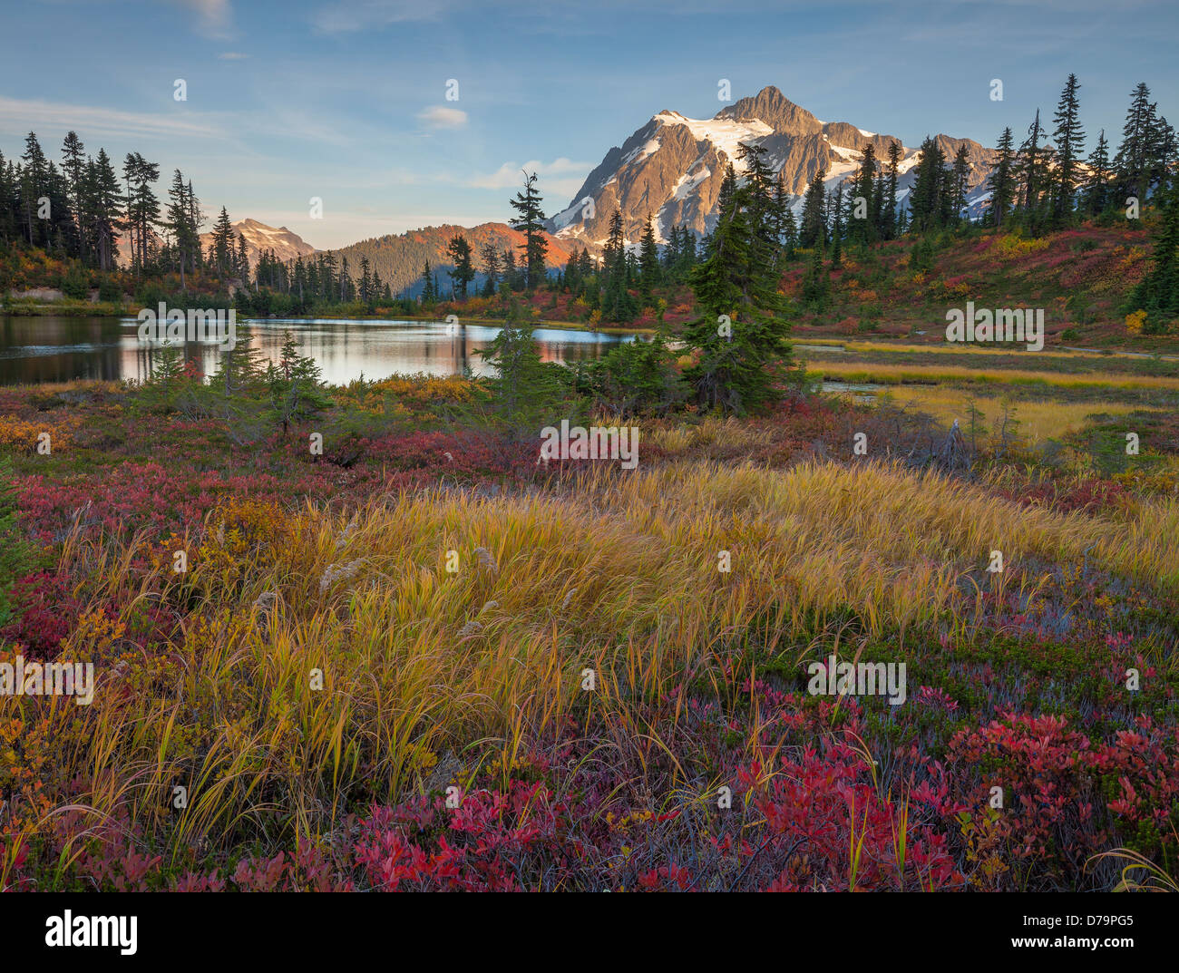 Montare Baker-Snoqualmie Foresta Nazionale, Washington: Mt Shuksan riflettendo sulla foto lago nella luce della sera Foto Stock