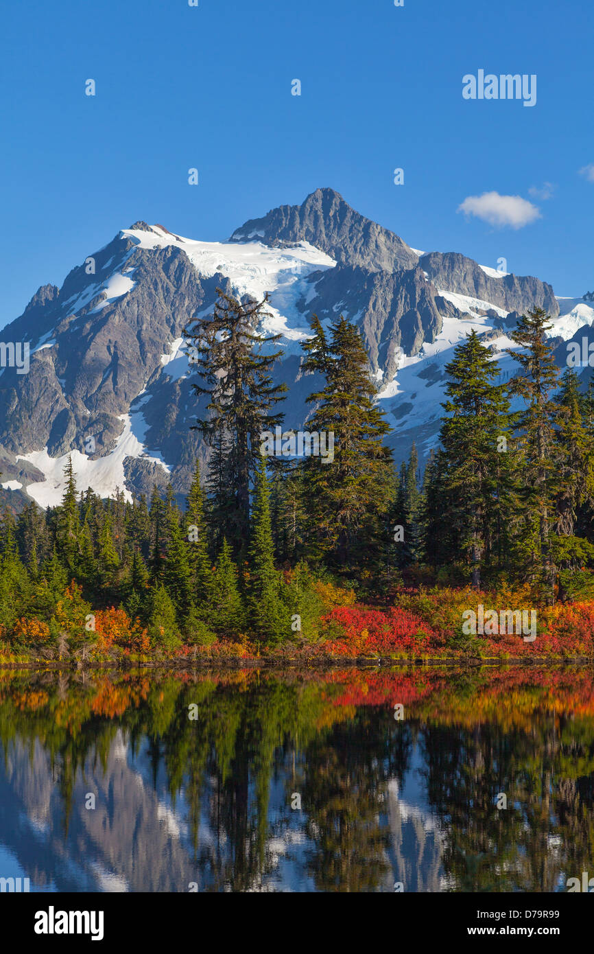 Montare Baker-Snoqualmie Foresta Nazionale, Washington: colori autunnali intorno al lago di immagine con Mt Shuksan in background Foto Stock