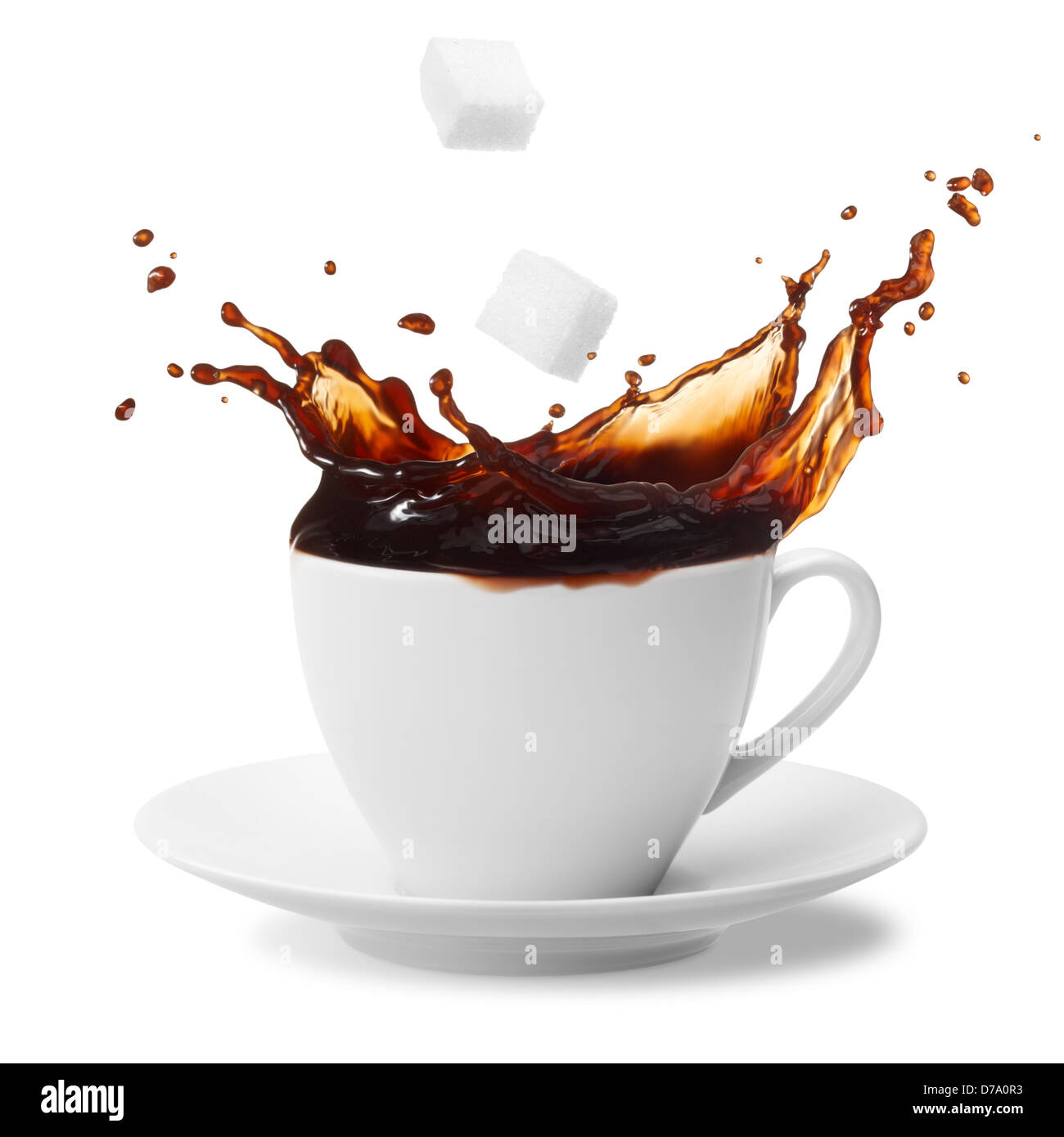 Zolletta di zucchero essendo sceso in caffè creazione di splash Foto Stock