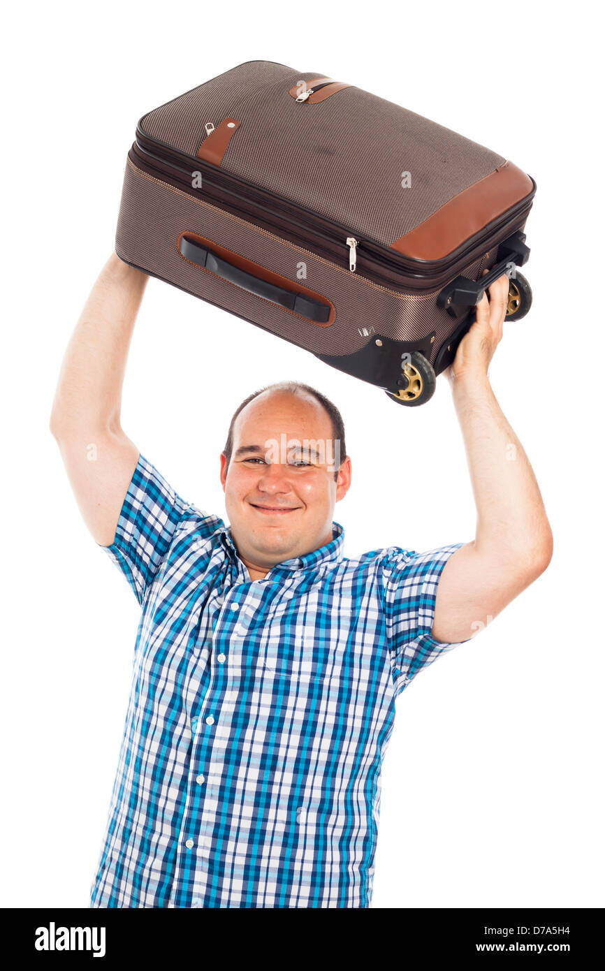 Felice l'uomo passeggero solleva il suo bagaglio, isolati su sfondo bianco Foto Stock