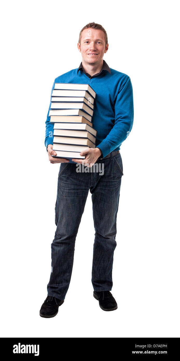 Studente con libri isolati su sfondo bianco Foto Stock