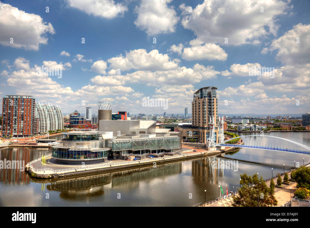 Vista panoramica di Manchester a Salford Quays, England, Regno Unito Foto Stock
