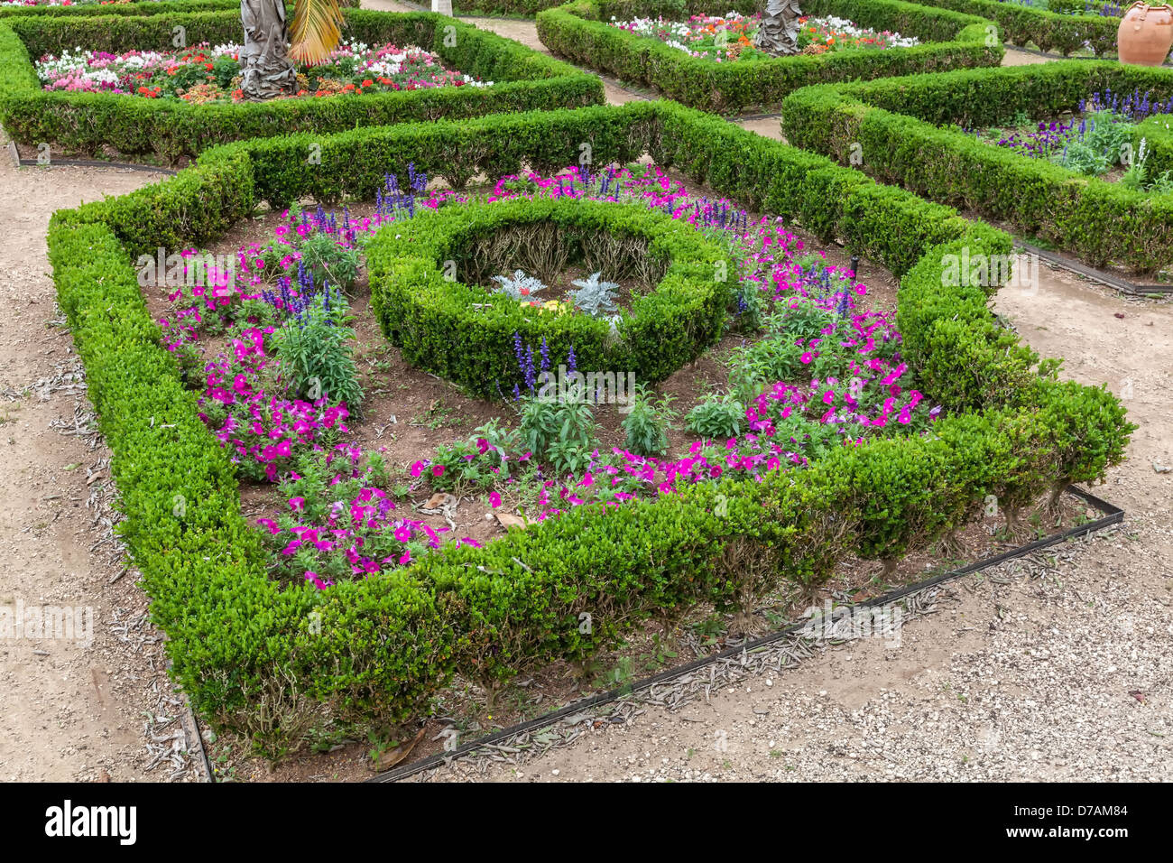 Grandi le piantatrici di argilla e agganciata siepi di bosso sono parte di giardini formali in Bermuda Giardini Botanici. Foto Stock