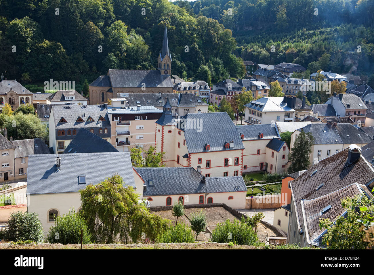 Vista su Larochette, Fels o campi, Granducato del Lussemburgo, Europa Foto Stock