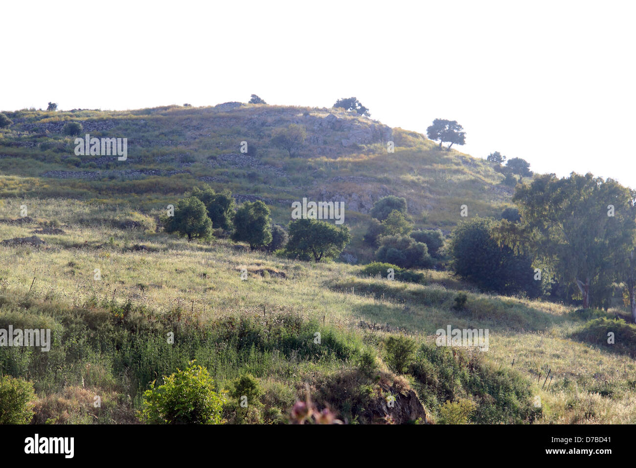 Le corna di Hattin che si affaccia sulla pianura di Hattin in Bassa Galilea Foto Stock