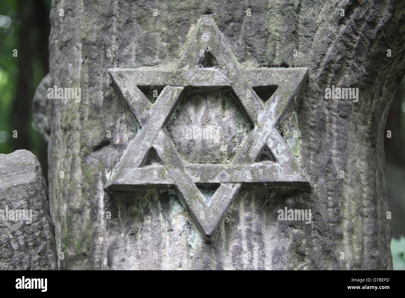 Magen David (scudo di David) simbolico segno su una lapide al cimitero ebraico di Varsavia, Polonia Foto Stock