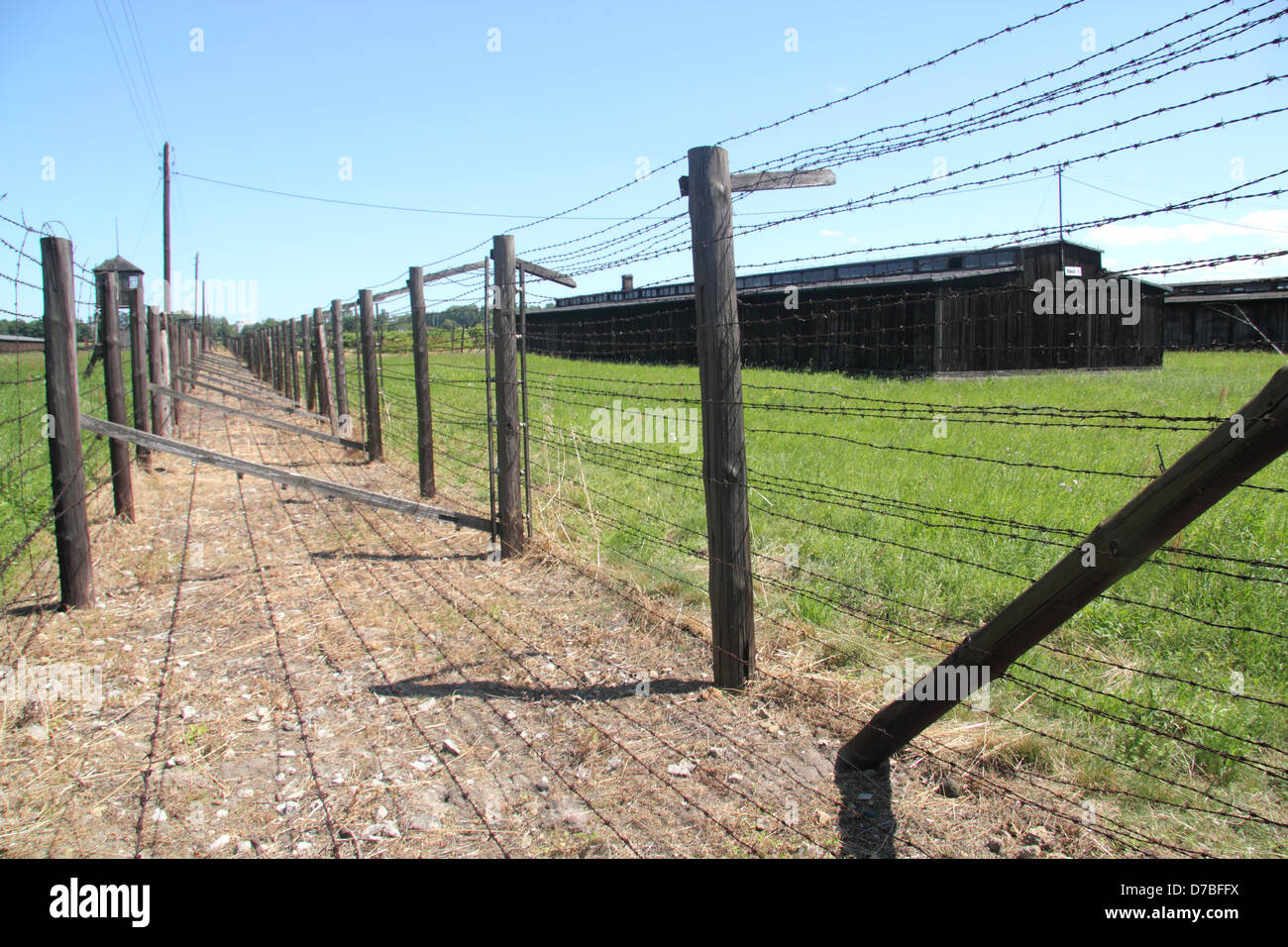 Wired spinato recinzione che circonda i prigionieri' caserma a morte Majdanek camp vicino a Lublino in Polonia Foto Stock