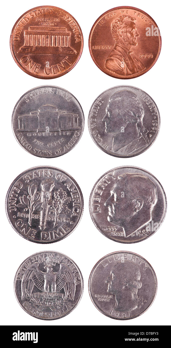 Entrambi i lati USA monete isolati su sfondo bianco. Valori: 1 cent (Penny); 5 centesimi (Nichel); 10 centesimi (Dischetto); 25 centesimi Foto Stock