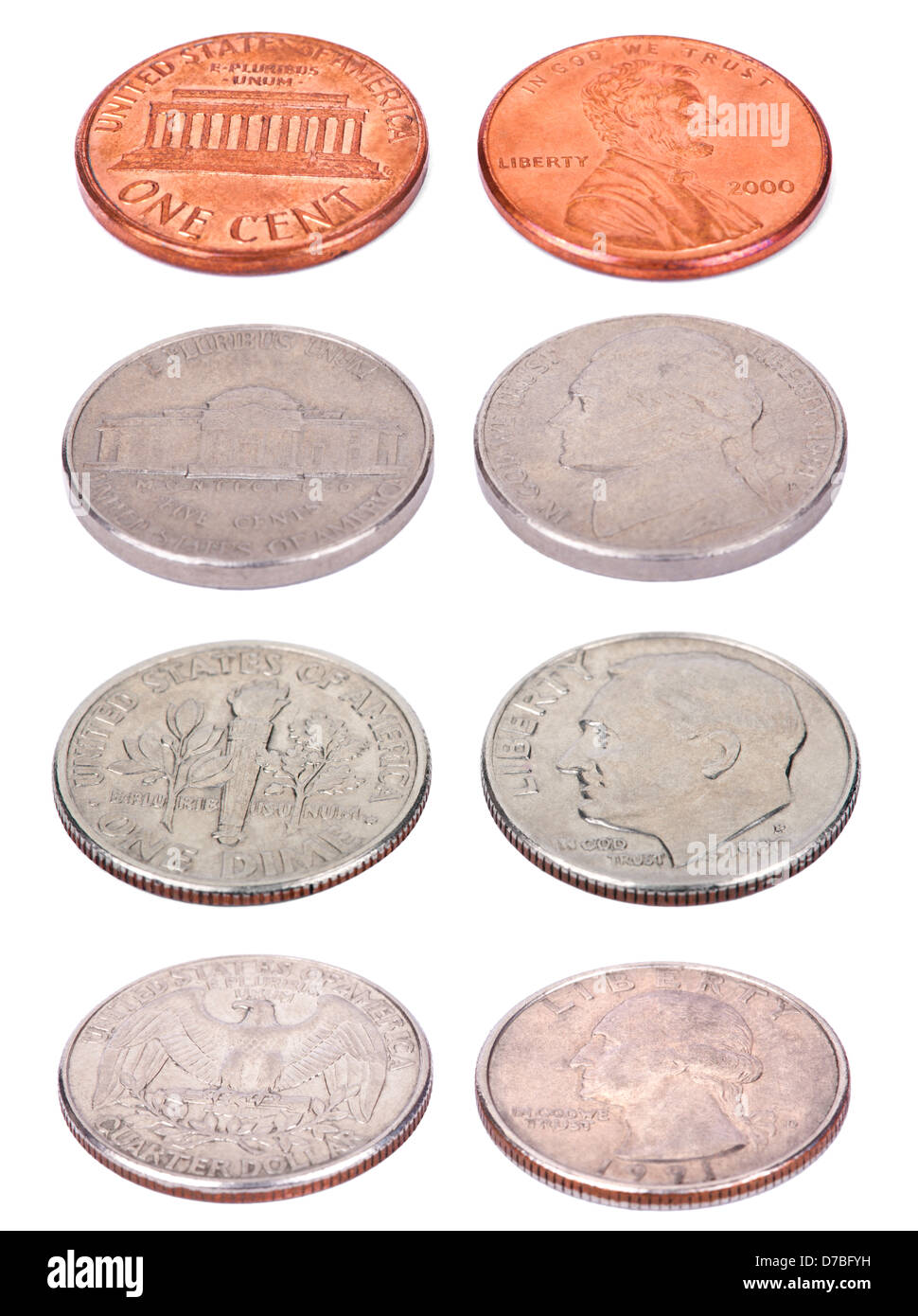 Entrambi i lati USA monete shot da leggermente elevato angolo isolato su sfondo bianco. Valori: 1 cent (Penny); 5 centesimi (Nichel); 10 Foto Stock